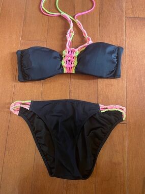 Victoria's Secret Black Bikini with Neon Pink & Neon Green Braided Accents